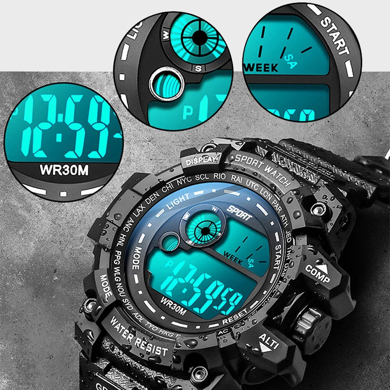 LED Digital Militärklocka — Lysande Sportherrklocka