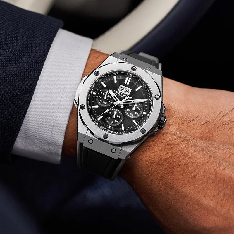 Automatisk Sportherrklocka — Safirkristall & Silikonarmband
