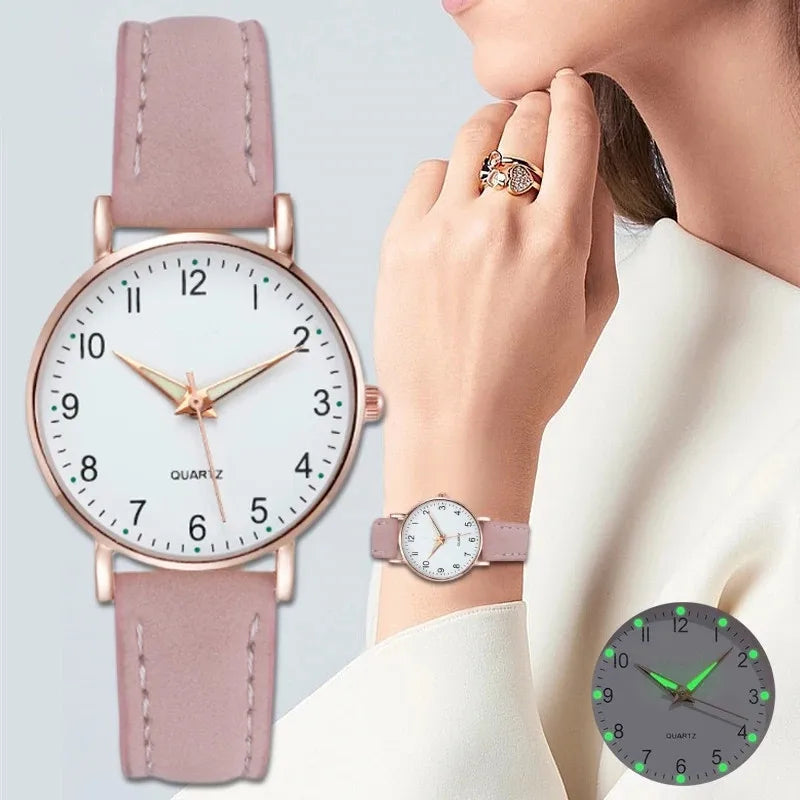 Elegant Damklocka med Lysande Urtavla & Läderarmband