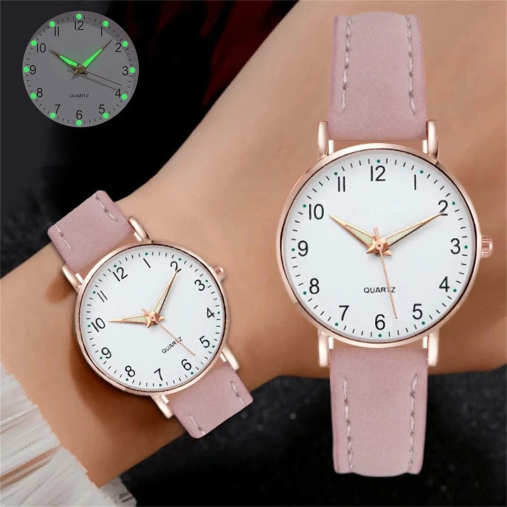 Elegant Damklocka med Lysande Urtavla & Läderarmband