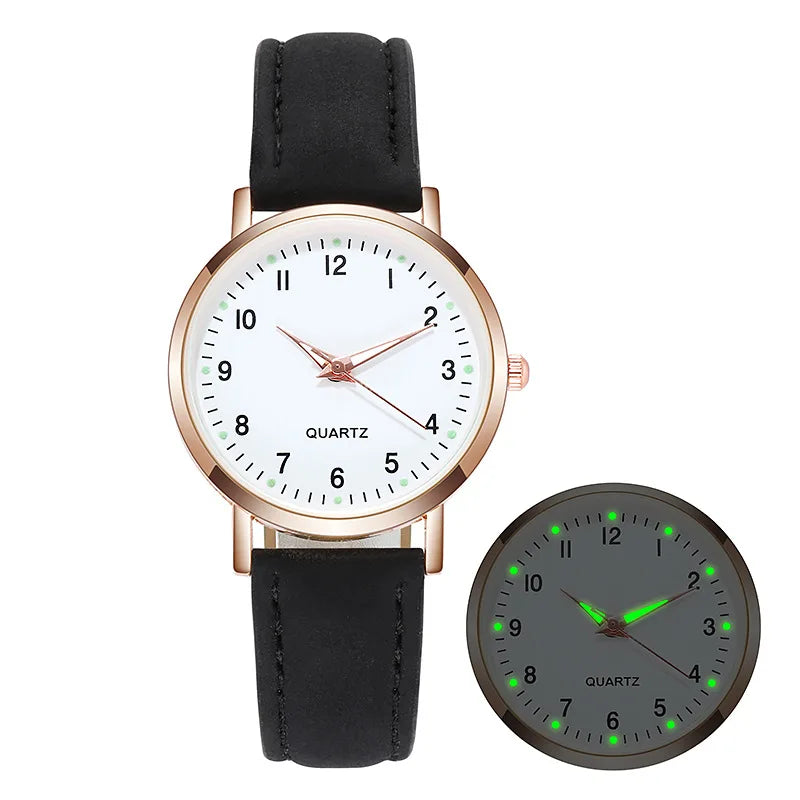Elegant Damklocka med Lysande Urtavla & Läderarmband